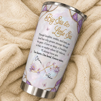 Personalized Big Sis & Little Sis 20oz Tumbler – Purple Amethyst Butterfly Bluebell Through Laughter Smiles Two Hearts One Bond Custom Names Gift For Sister
