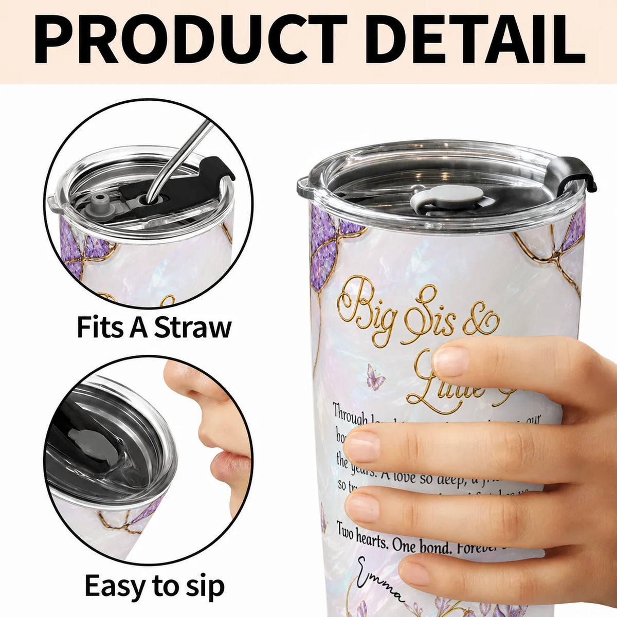 Personalized Big Sis & Little Sis 20oz Tumbler – Purple Amethyst Butterfly Bluebell Through Laughter Smiles Two Hearts One Bond Custom Names Gift For Sister