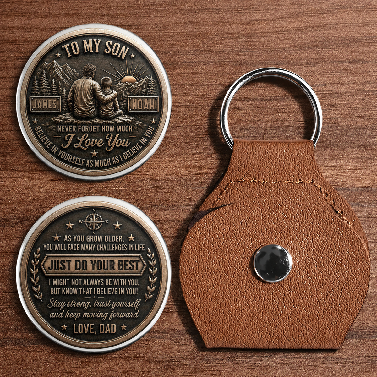 Personalized To My Son Pocket Hug Coin – Just Do Your Best Dad & Son Mountain Scene Custom Names Gift For Son