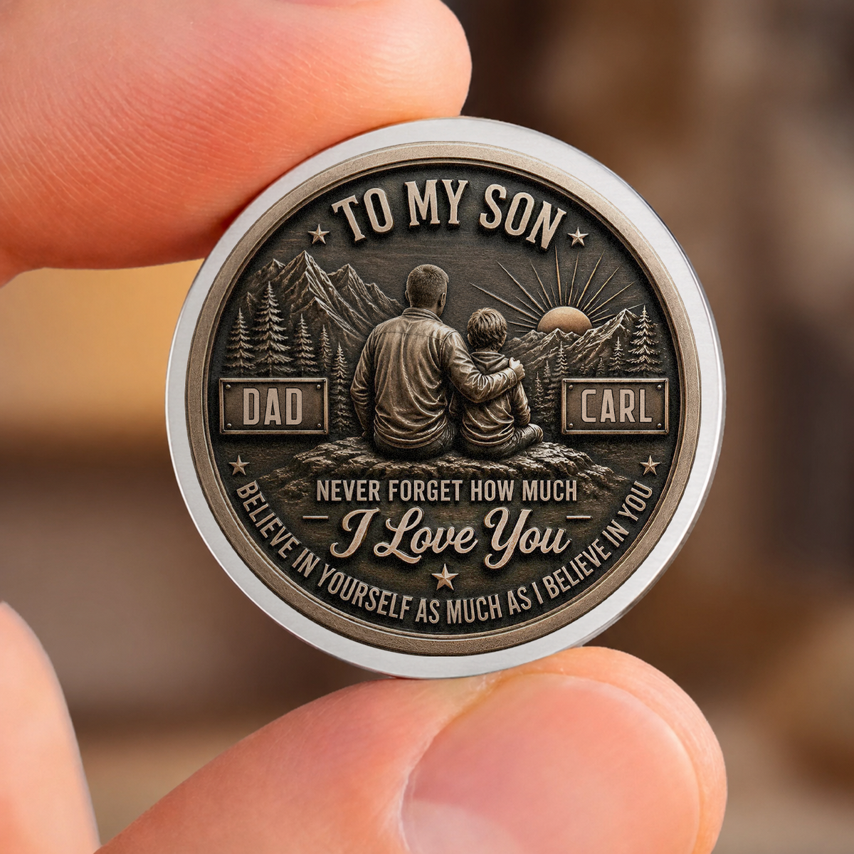 Personalized To My Son Pocket Hug Coin – Just Do Your Best Dad & Son Mountain Scene Custom Names Gift For Son