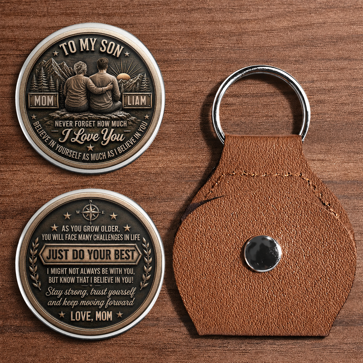 Personalized To My Son Pocket Hug Coin – Just Do Your Best Mom & Son Mountain Scene Custom Names Gift For Son
