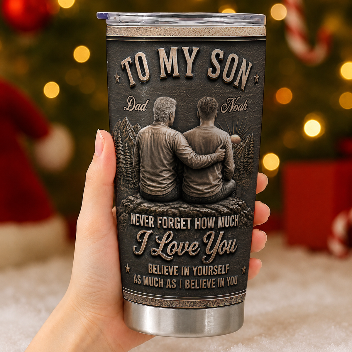Personalized To My Son Tumbler – Just Do Your Best Dad & Son Mountain Scene Custom Name & Hairstyle Gift For Son