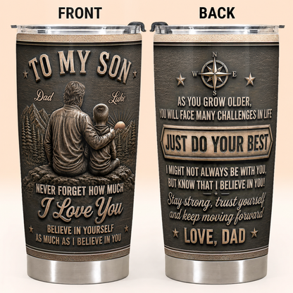 Personalized To My Son Tumbler – Just Do Your Best Dad & Son Mountain Scene Custom Name & Hairstyle Gift For Son