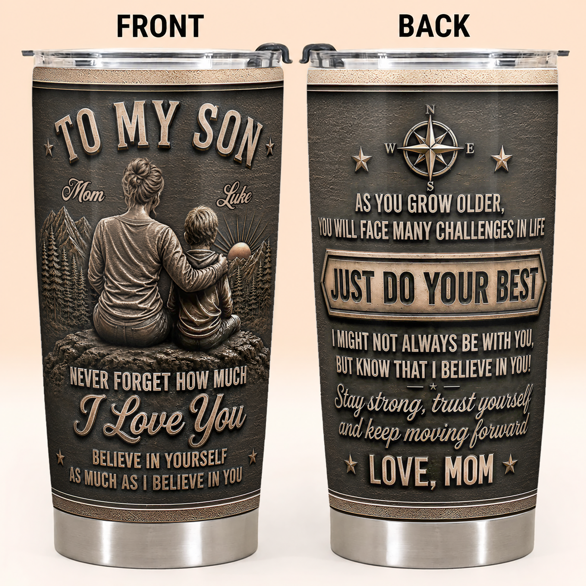 Personalized To My Son Tumbler – Just Do Your Best Mom & Son Mountain Scene Custom Name & Hairstyle Gift For Son