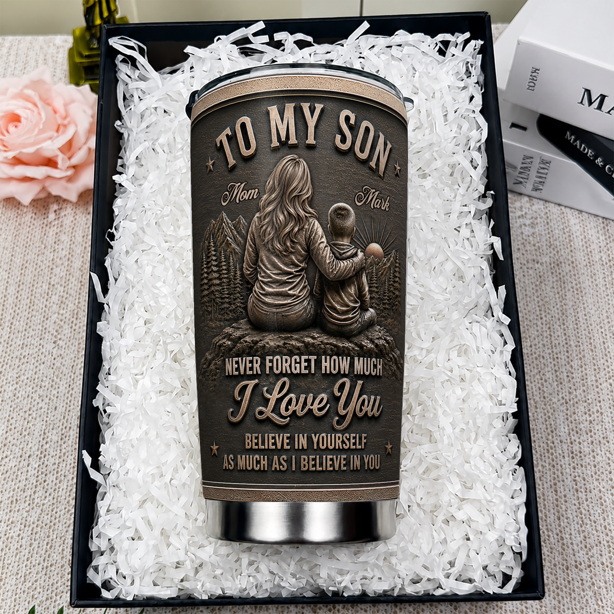 Personalized To My Son Tumbler – Just Do Your Best Mom & Son Mountain Scene Custom Name & Hairstyle Gift For Son