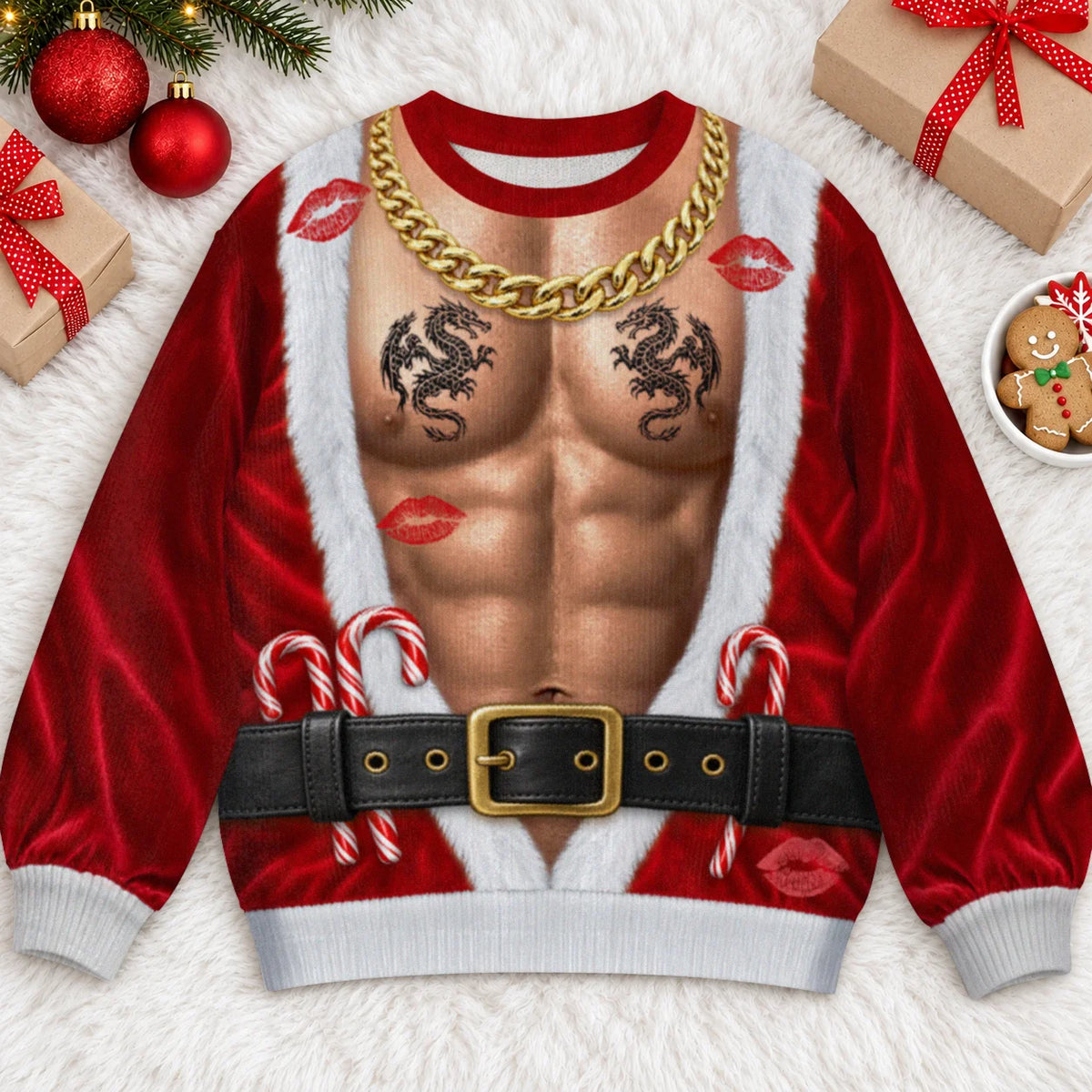Gold Chain Santa Ugly Christmas Sweater – Funny 3D Illusion Hairy Chest Sweatshirt for Men, Gag Gift for Him