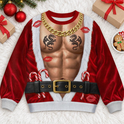 Gold Chain Santa Ugly Christmas Sweater – Funny 3D Illusion Hairy Chest Sweatshirt for Men, Gag Gift for Him
