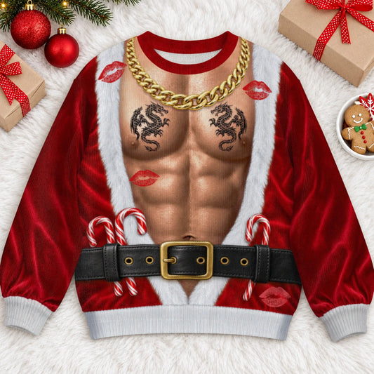 Sweat-shirt de Noël à illusion 3D avec Père Noël ouvert, chaîne en or et ceinture en sucre d'orge – Cadeau de fête pour hommes et amis