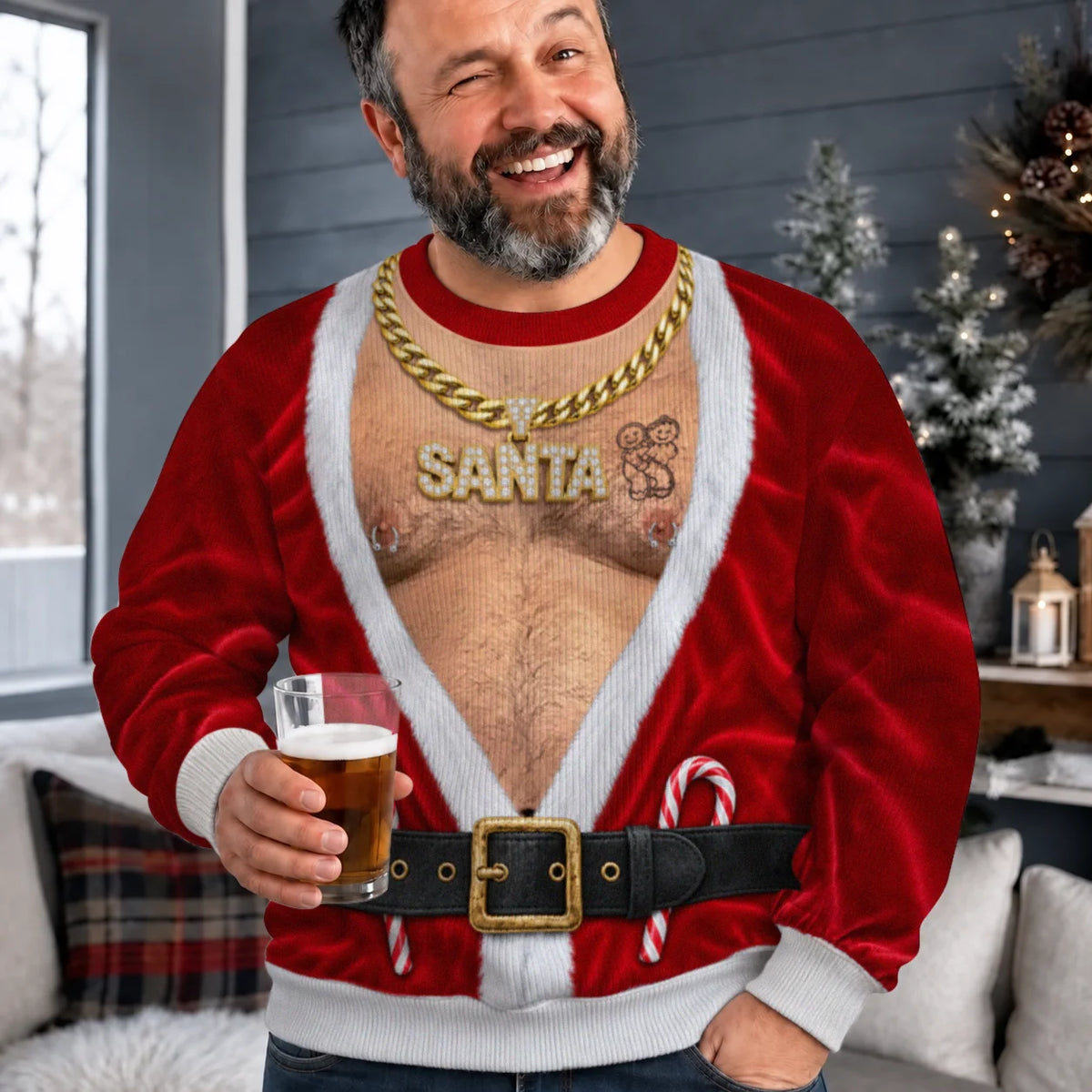 Gold Chain Santa Ugly Christmas Sweater – Funny 3D Illusion Hairy Chest Sweatshirt for Men, Gag Gift for Him