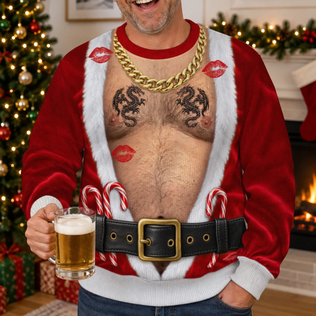 Gold Chain Santa Ugly Christmas Sweater – Funny 3D Illusion Hairy Chest Sweatshirt for Men, Gag Gift for Him