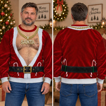 Gold Chain Santa Ugly Christmas Sweater – Funny 3D Illusion Hairy Chest Sweatshirt for Men, Gag Gift for Him