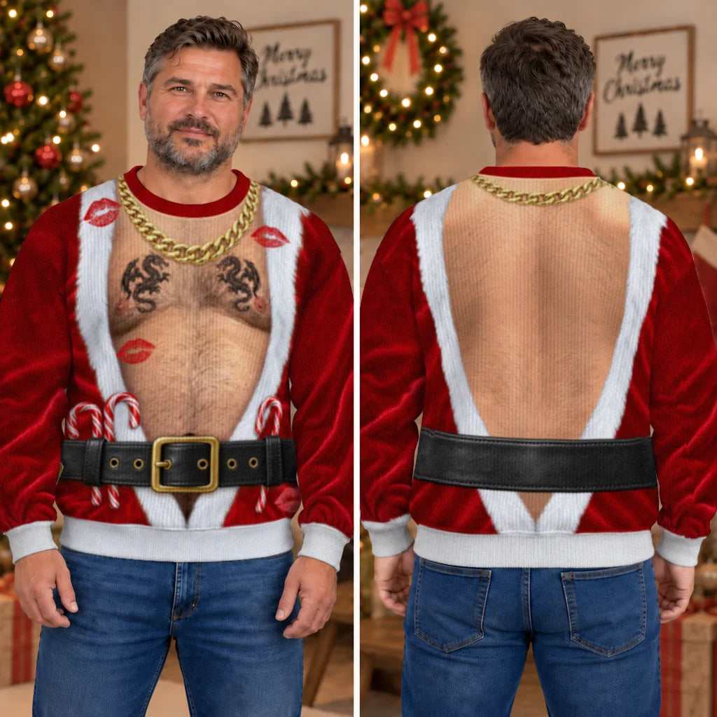 Gold Chain Santa Ugly Christmas Sweater – Funny 3D Illusion Hairy Chest Sweatshirt for Men, Gag Gift for Him