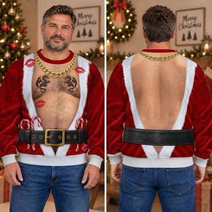 Gold Chain Santa Ugly Christmas Sweater – Funny 3D Illusion Hairy Chest Sweatshirt for Men, Gag Gift for Him
