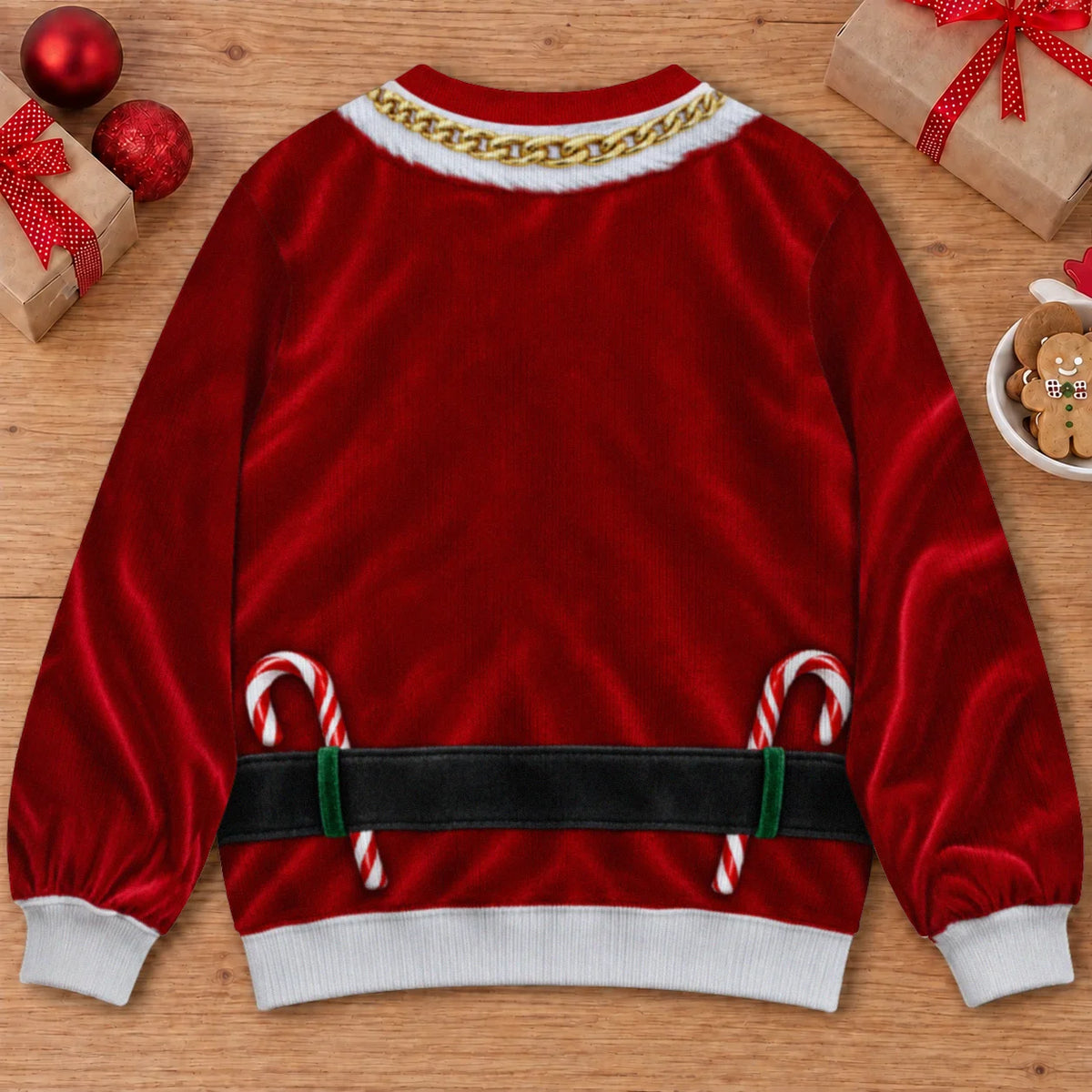 Gold Chain Santa Ugly Christmas Sweater – Funny 3D Illusion Hairy Chest Sweatshirt for Men, Gag Gift for Him