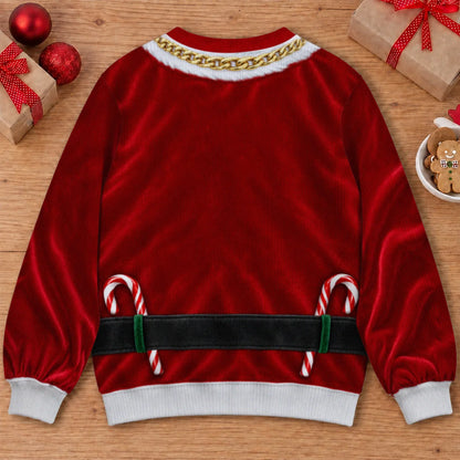 Gold Chain Santa Ugly Christmas Sweater – Funny 3D Illusion Hairy Chest Sweatshirt for Men, Gag Gift for Him