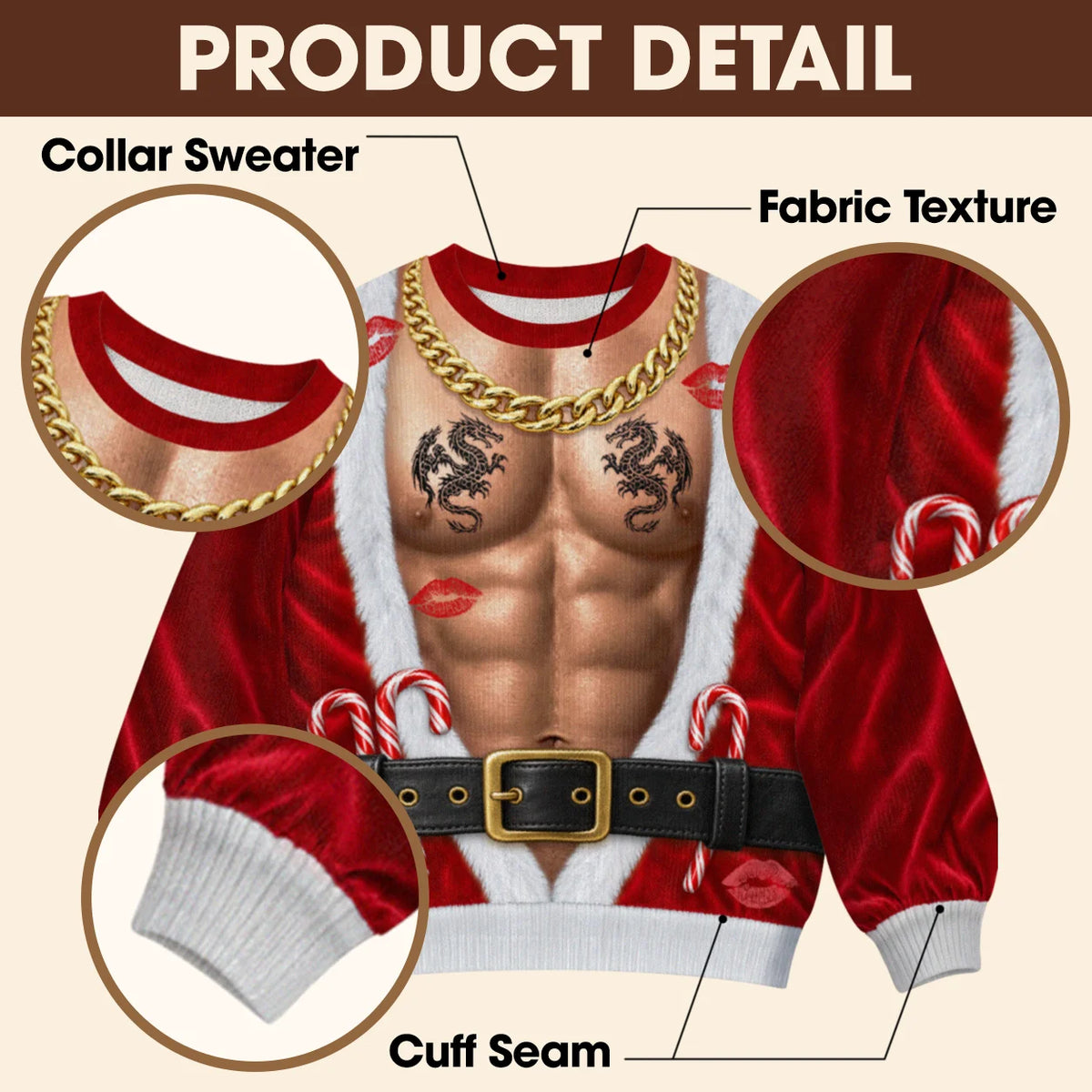 Gold Chain Santa Ugly Christmas Sweater – Funny 3D Illusion Hairy Chest Sweatshirt for Men, Gag Gift for Him