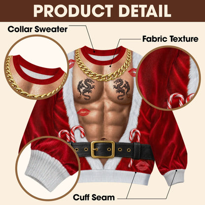 Gold Chain Santa Ugly Christmas Sweater – Funny 3D Illusion Hairy Chest Sweatshirt for Men, Gag Gift for Him