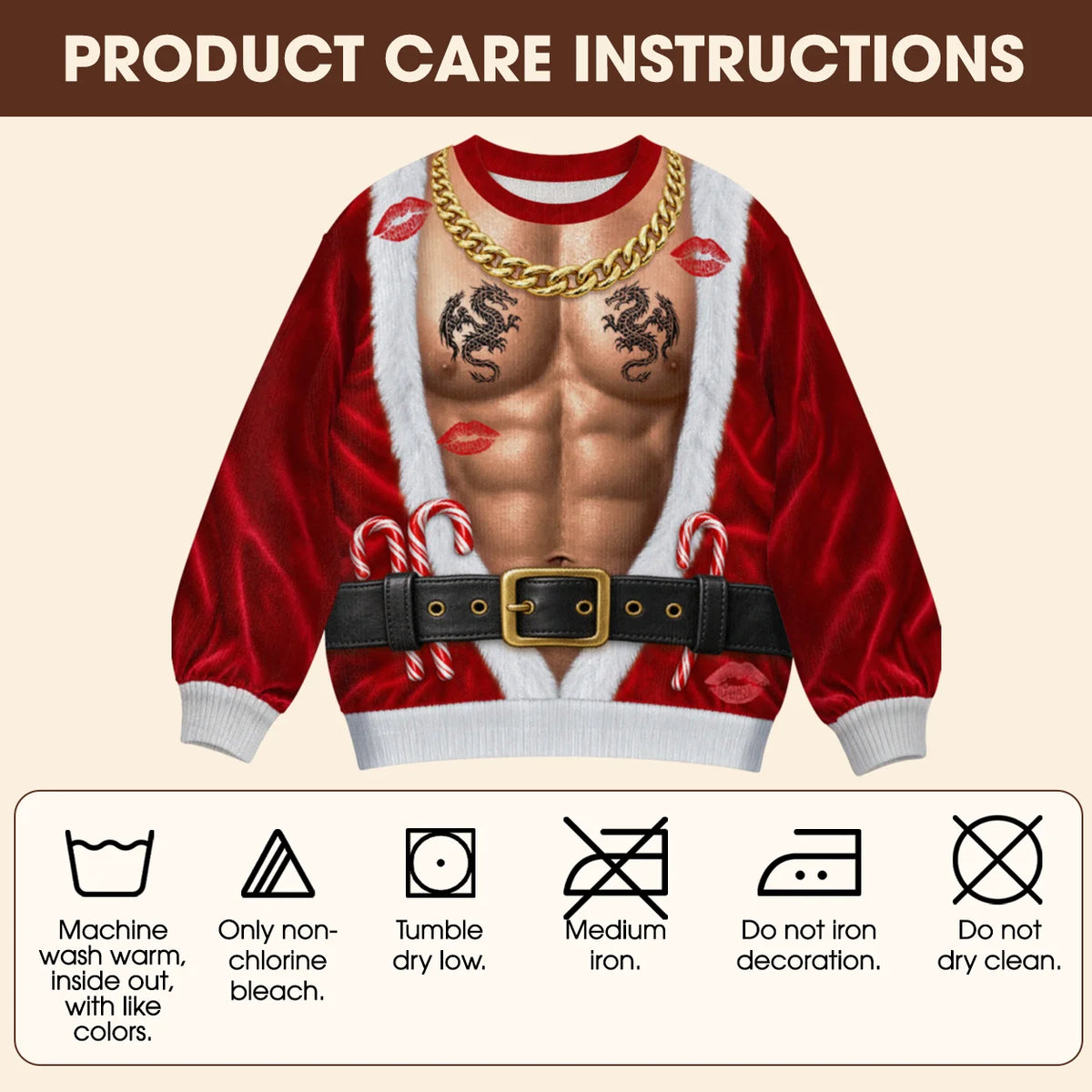 Gold Chain Santa Ugly Christmas Sweater – Funny 3D Illusion Hairy Chest Sweatshirt for Men, Gag Gift for Him