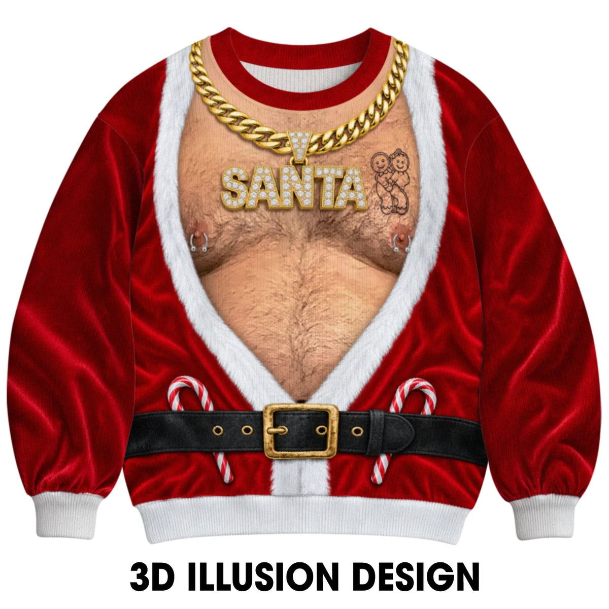 Gold Chain Santa Ugly Christmas Sweater – Funny 3D Illusion Hairy Chest Sweatshirt for Men, Gag Gift for Him
