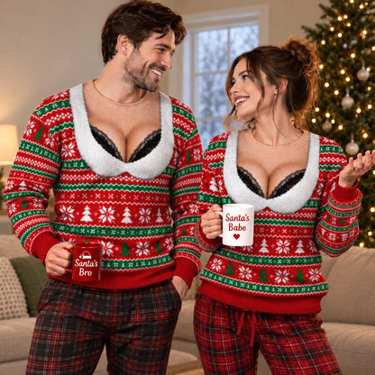 Black Lace Bra Ugly Christmas Sweater – Funny 3D Illusion Matching Couple Sweatshirt for Men & Women