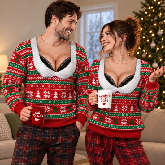 Black Lace Bra Ugly Christmas Sweater – Funny 3D Illusion Matching Couple Sweatshirt for Men & Women