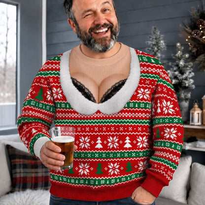 Black Lace Bra Ugly Christmas Sweater – Funny 3D Illusion Matching Couple Sweatshirt for Men & Women