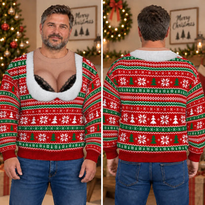 Black Lace Bra Ugly Christmas Sweater – Funny 3D Illusion Matching Couple Sweatshirt for Men & Women