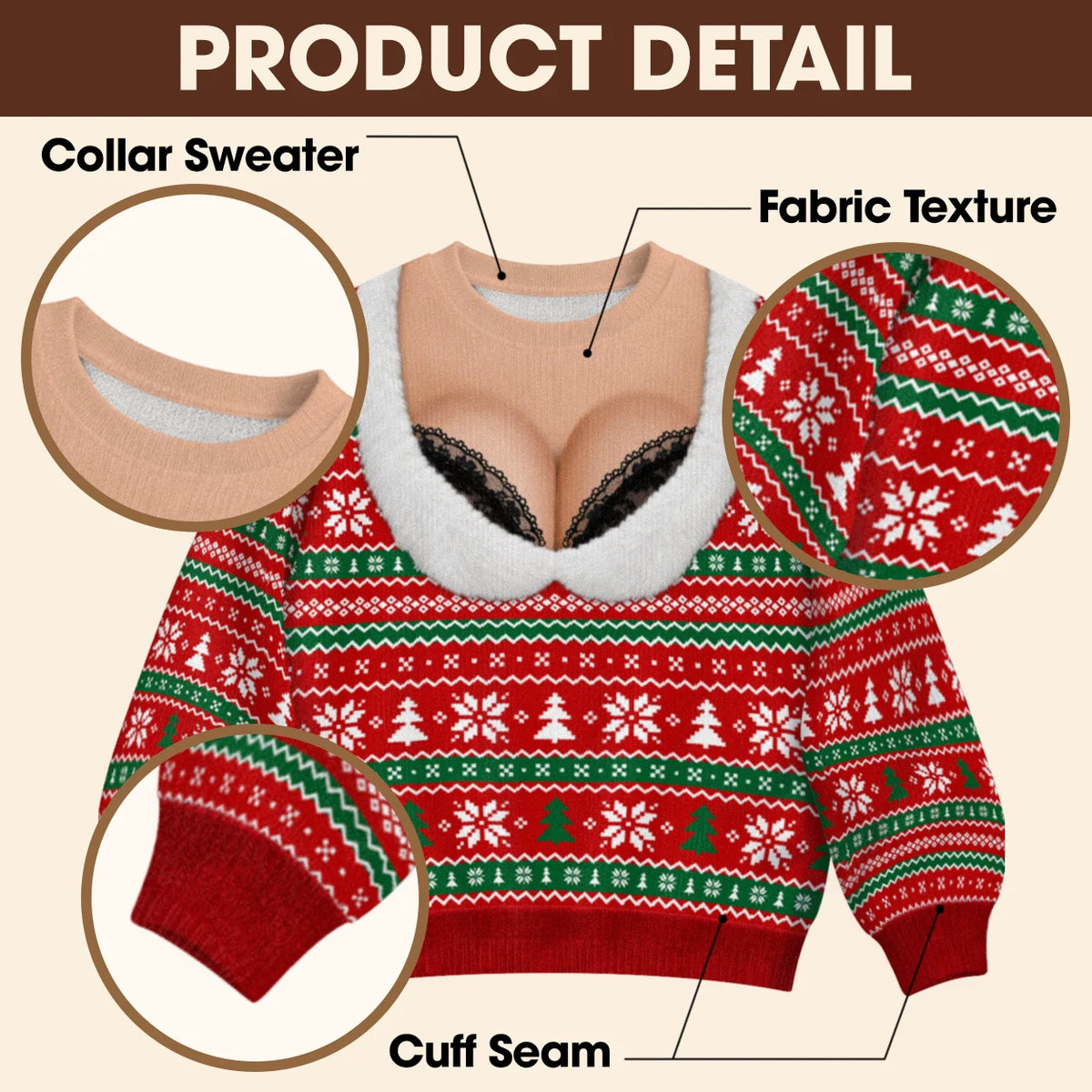 Black Lace Bra Ugly Christmas Sweater – Funny 3D Illusion Matching Couple Sweatshirt for Men & Women