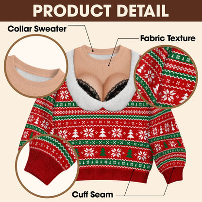 Black Lace Bra Ugly Christmas Sweater – Funny 3D Illusion Matching Couple Sweatshirt for Men & Women