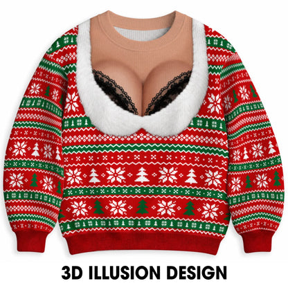 Black Lace Bra Ugly Christmas Sweater – Funny 3D Illusion Matching Couple Sweatshirt for Men & Women