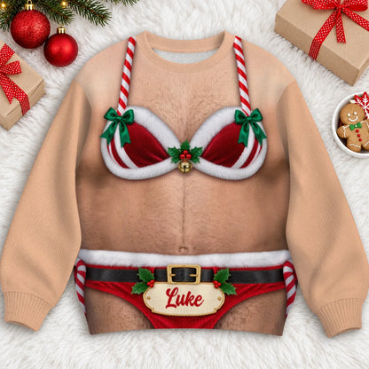 Sweat-shirt de Noël personnalisé 3D illusion Père Noël bikini torse poilu – Cadeau de fête avec nom personnalisé pour hommes et amis