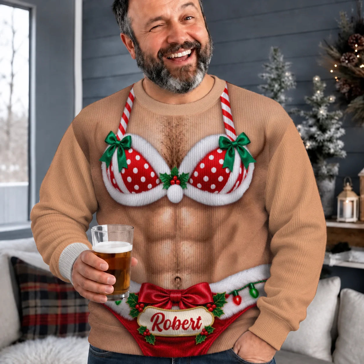 Sweat-shirt de Noël personnalisé 3D illusion Père Noël bikini torse poilu – Cadeau de fête avec nom personnalisé pour hommes et amis