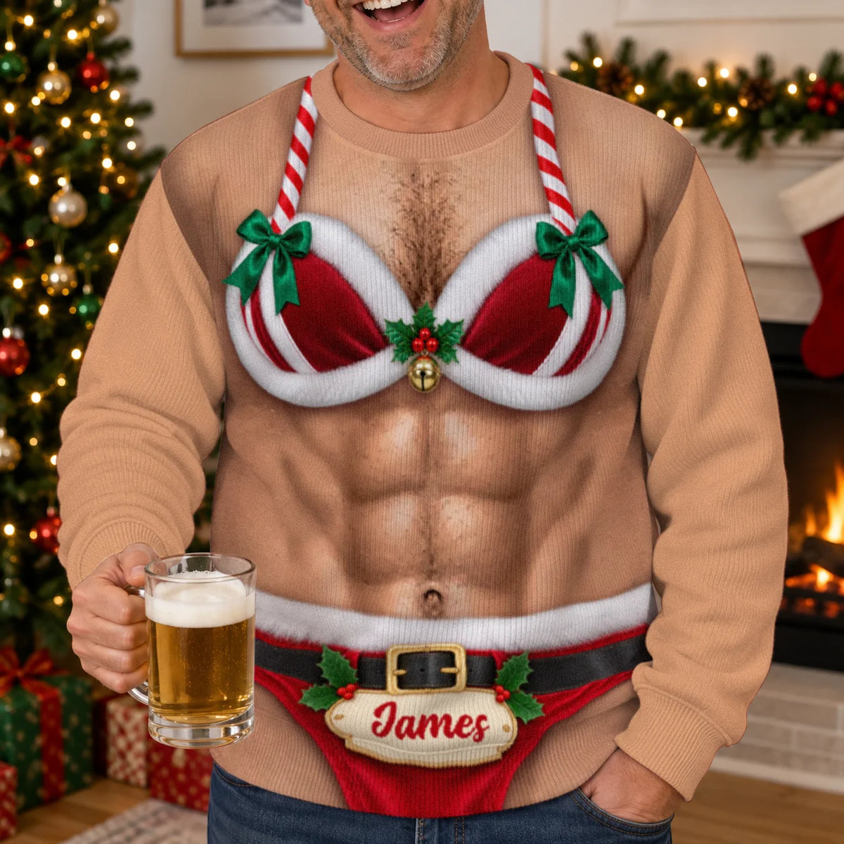 Sweat-shirt de Noël personnalisé 3D illusion Père Noël bikini torse poilu – Cadeau de fête avec nom personnalisé pour hommes et amis