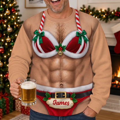 Sweat-shirt de Noël personnalisé 3D illusion Père Noël bikini torse poilu – Cadeau de fête avec nom personnalisé pour hommes et amis