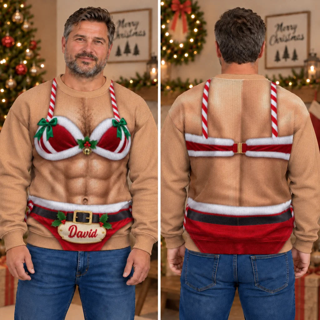Sweat-shirt de Noël personnalisé 3D illusion Père Noël bikini torse poilu – Cadeau de fête avec nom personnalisé pour hommes et amis