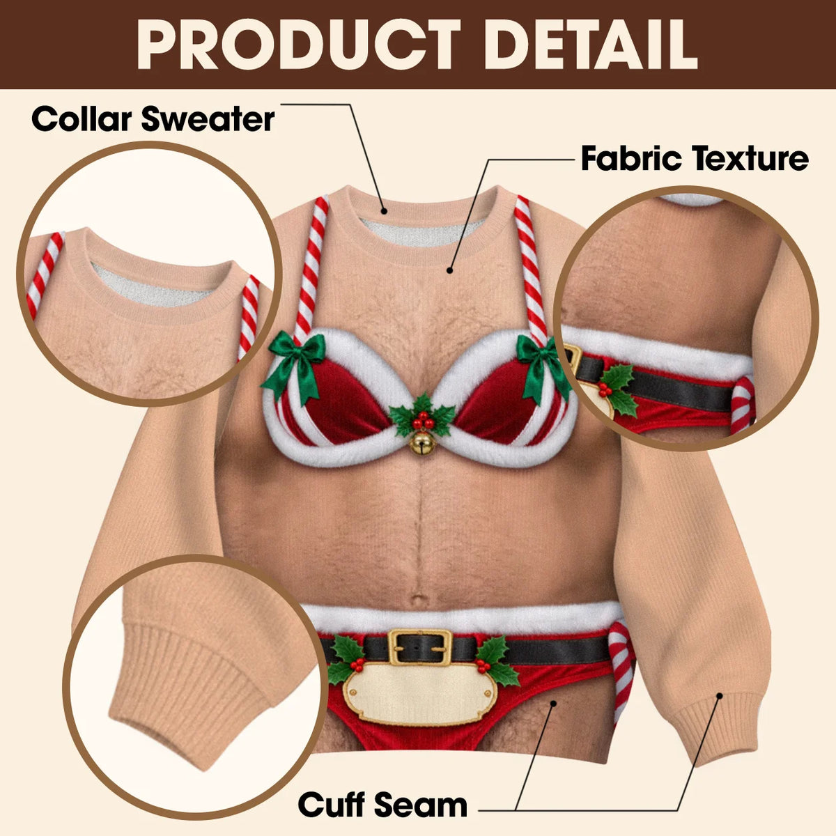 Sweat-shirt de Noël personnalisé 3D illusion Père Noël bikini torse poilu – Cadeau de fête avec nom personnalisé pour hommes et amis