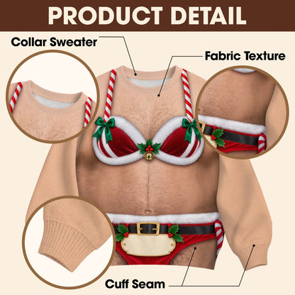 Sweat-shirt de Noël personnalisé 3D illusion Père Noël bikini torse poilu – Cadeau de fête avec nom personnalisé pour hommes et amis