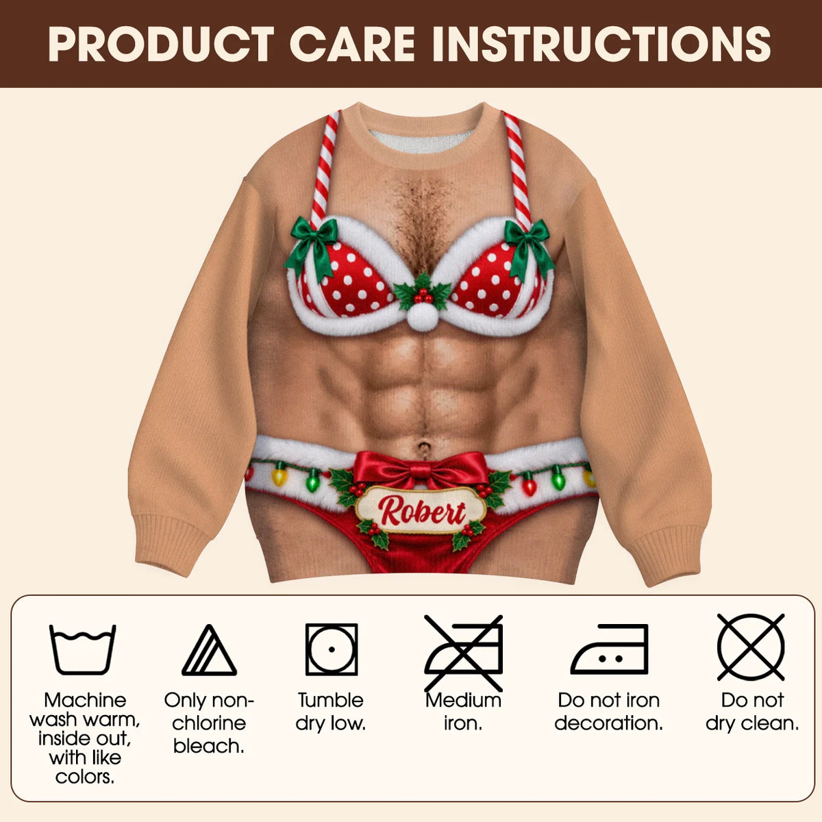 Sweat-shirt de Noël personnalisé 3D illusion Père Noël bikini torse poilu – Cadeau de fête avec nom personnalisé pour hommes et amis