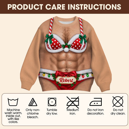 Sweat-shirt de Noël personnalisé 3D illusion Père Noël bikini torse poilu – Cadeau de fête avec nom personnalisé pour hommes et amis