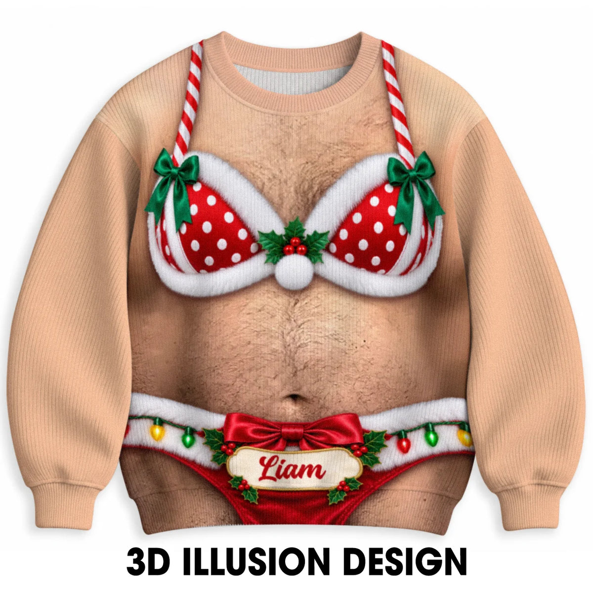 Sweat-shirt de Noël personnalisé 3D illusion Père Noël bikini torse poilu – Cadeau de fête avec nom personnalisé pour hommes et amis