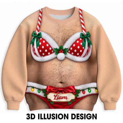 Sweat-shirt de Noël personnalisé 3D illusion Père Noël bikini torse poilu – Cadeau de fête avec nom personnalisé pour hommes et amis