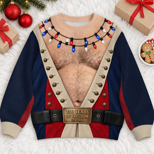 America 250 Colonial Ugly Christmas Sweater – Funny 3D Illusion Patriotic Costume Sweatshirt for Men & Women