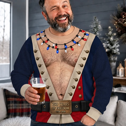 America 250 Colonial Ugly Christmas Sweater – Funny 3D Illusion Patriotic Costume Sweatshirt for Men & Women