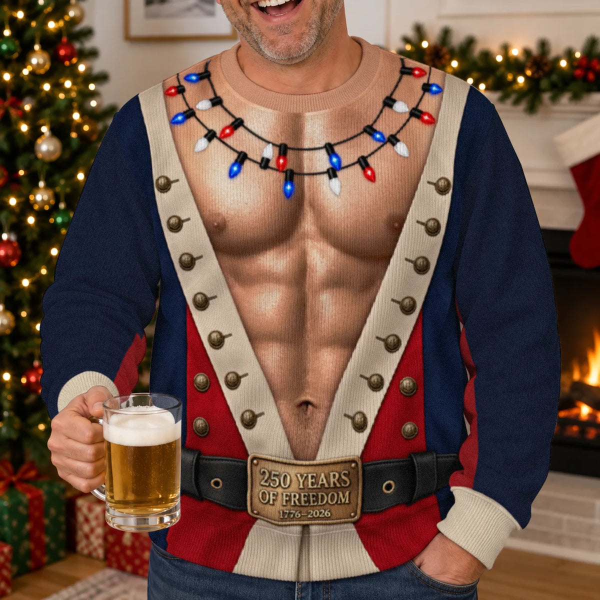 America 250 Colonial Ugly Christmas Sweater – Funny 3D Illusion Patriotic Costume Sweatshirt for Men & Women