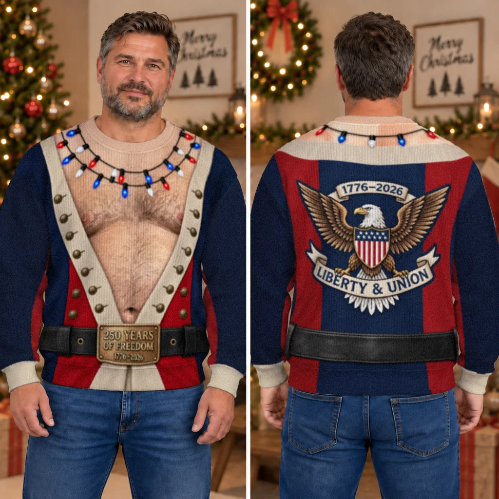 America 250 Colonial Ugly Christmas Sweater – Funny 3D Illusion Patriotic Costume Sweatshirt for Men & Women