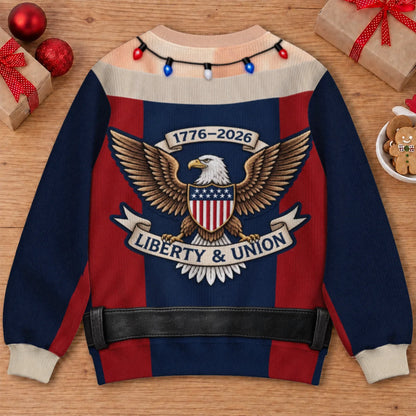 America 250 Colonial Ugly Christmas Sweater – Funny 3D Illusion Patriotic Costume Sweatshirt for Men & Women
