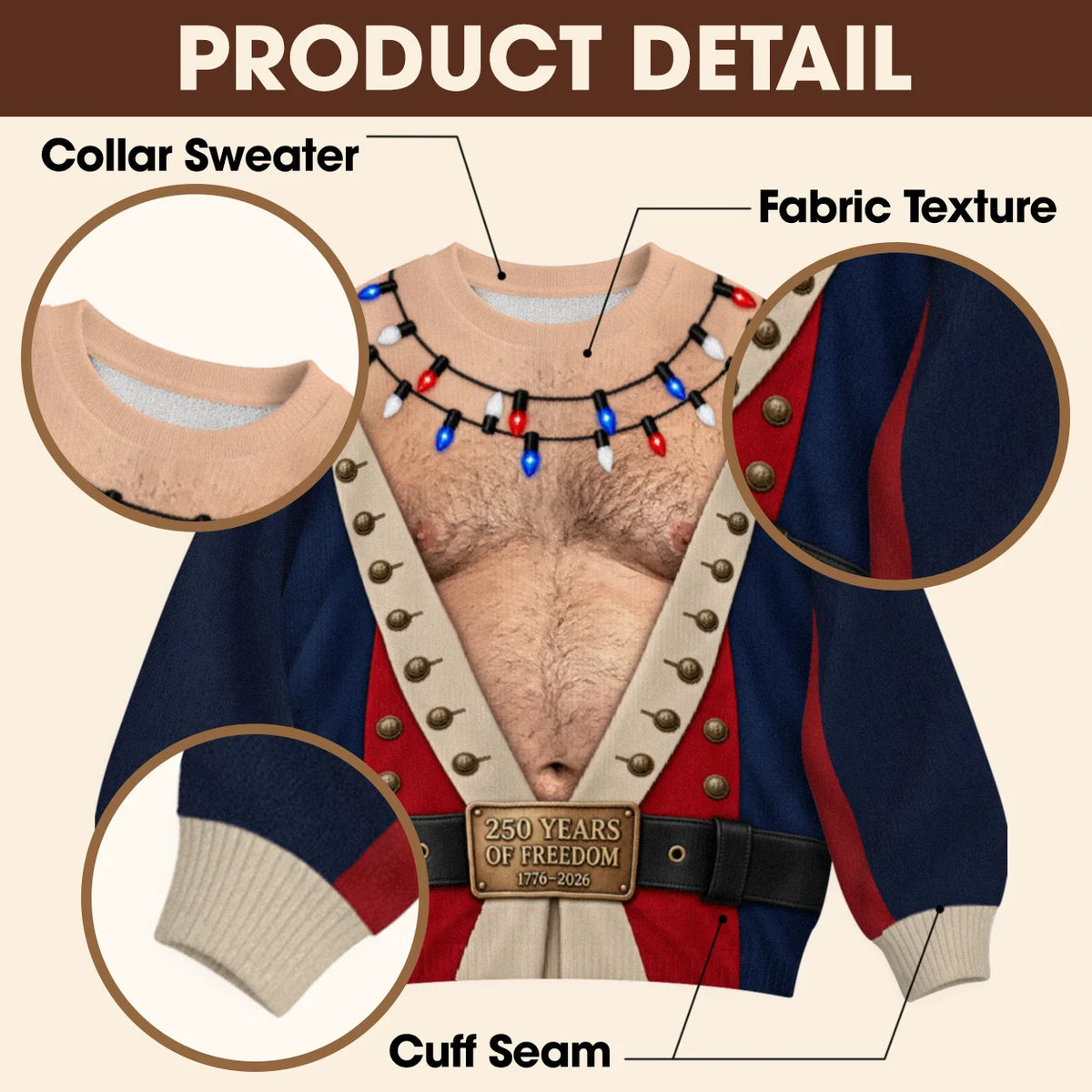 America 250 Colonial Ugly Christmas Sweater – Funny 3D Illusion Patriotic Costume Sweatshirt for Men & Women