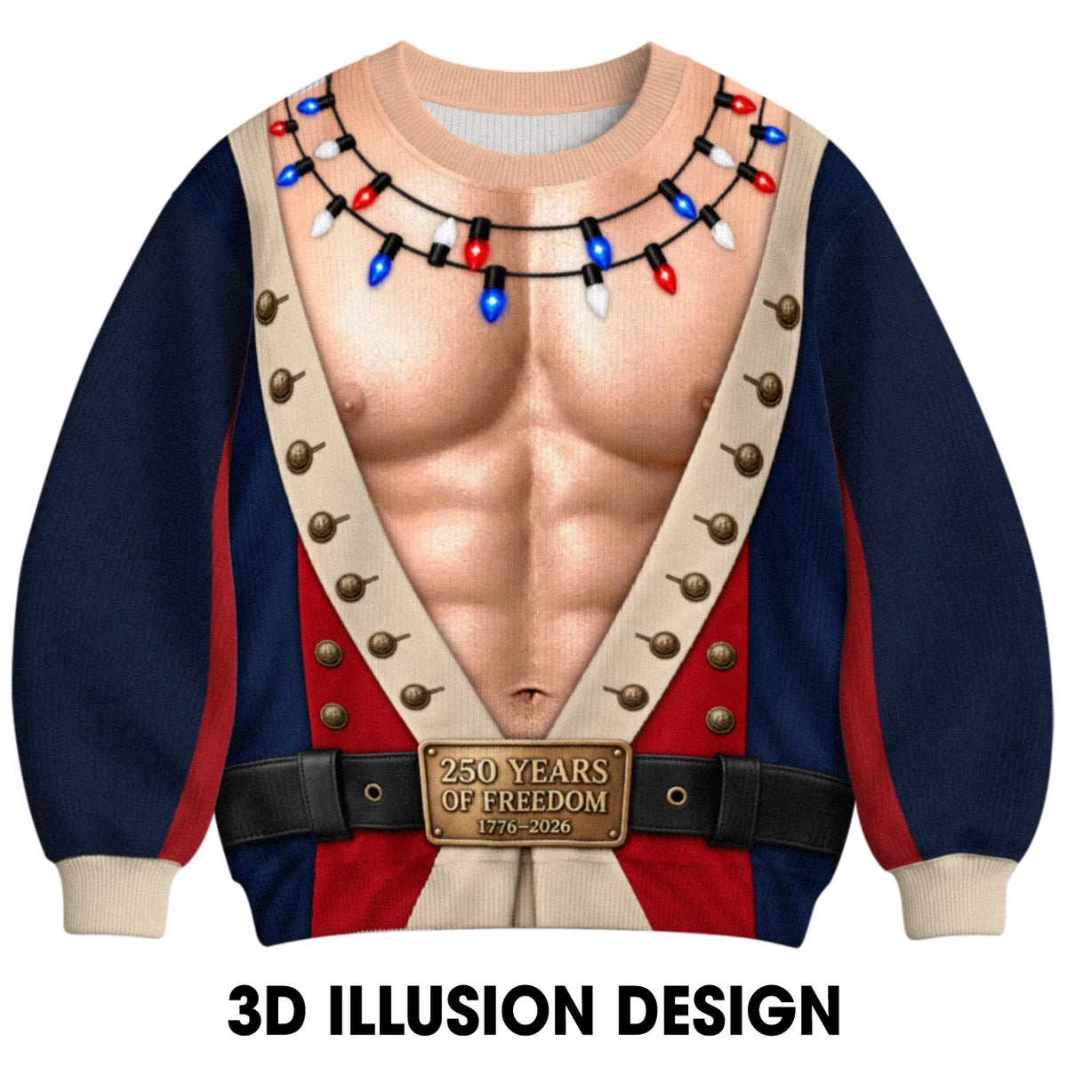 America 250 Colonial Ugly Christmas Sweater – Funny 3D Illusion Patriotic Costume Sweatshirt for Men & Women