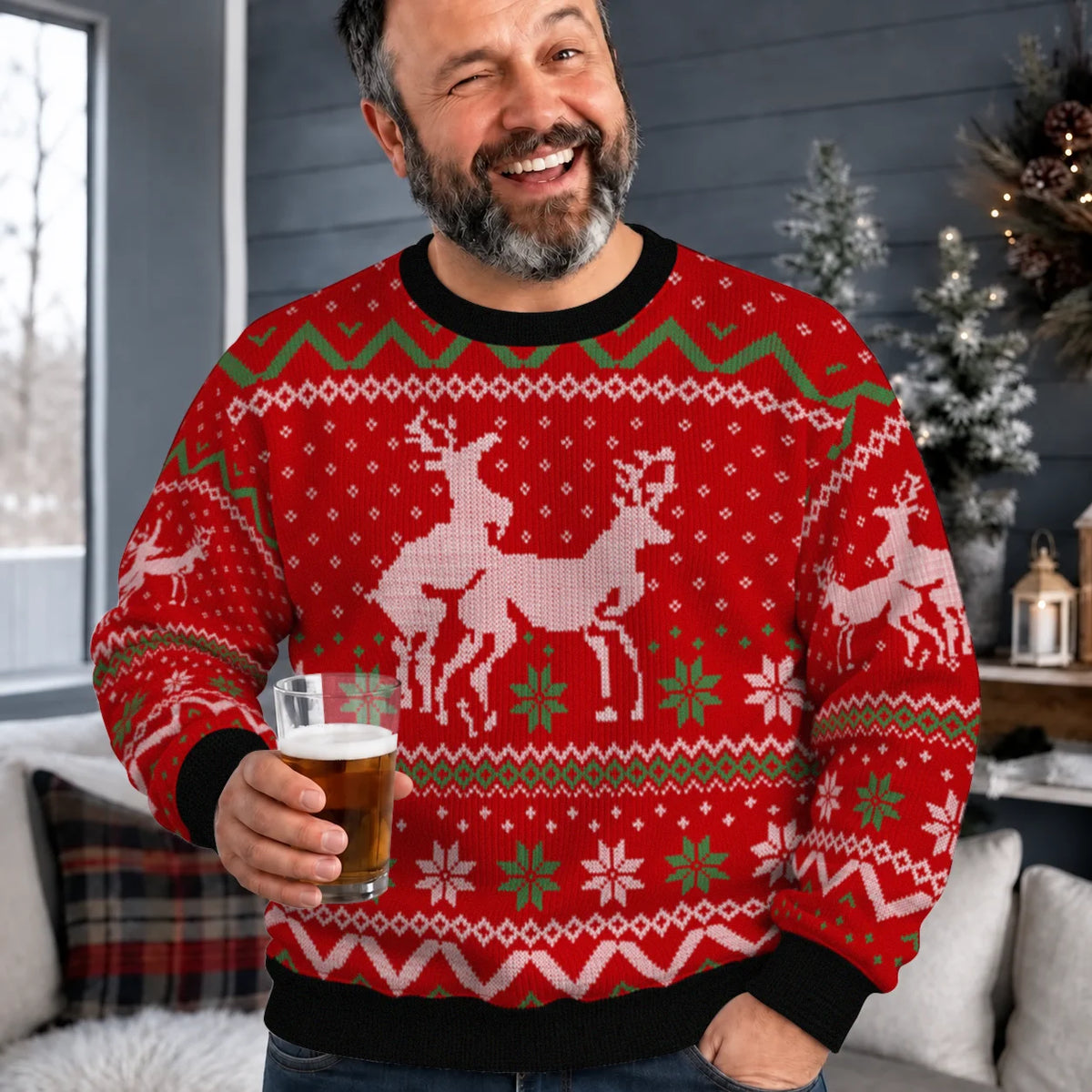 Naughty Reindeer Ugly Christmas Sweater – Funny 3D Fair Isle Print Sweatshirt for Men & Women, Gag Gift