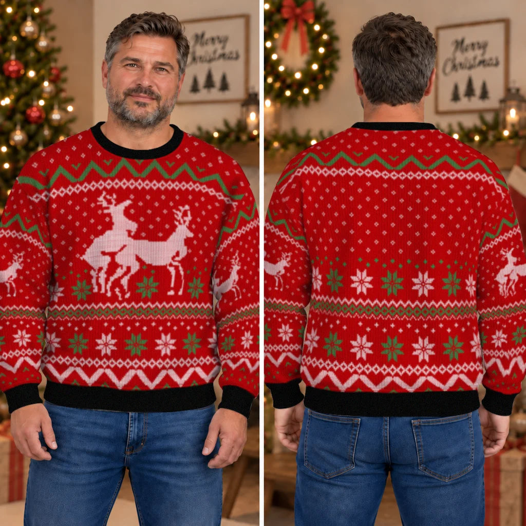Naughty Reindeer Ugly Christmas Sweater – Funny 3D Fair Isle Print Sweatshirt for Men & Women, Gag Gift